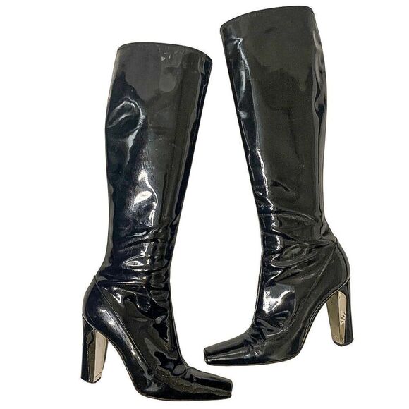 Louis Vuitton Black Patent Leather Knee High Heeled Boots EU 36.5 Square Toe - Picture 6 of 10